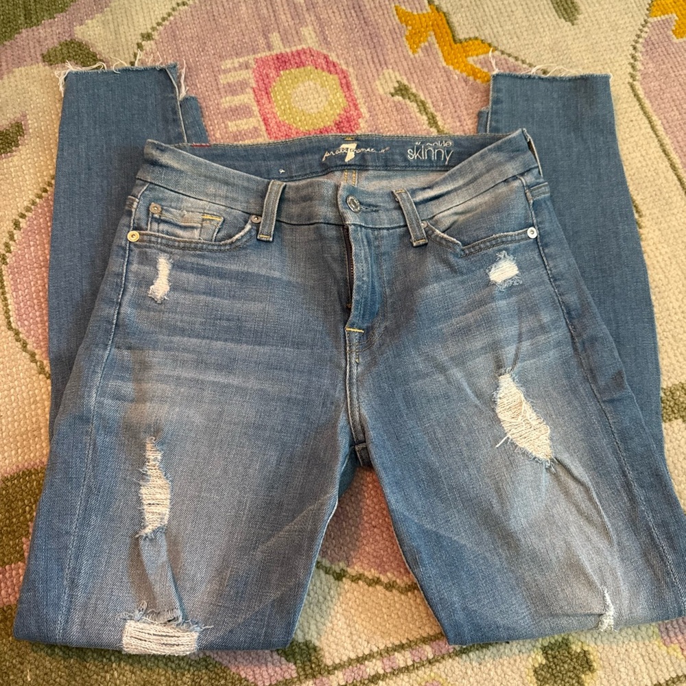 7 For All Mankind Blue Skinny Distressed Jeans